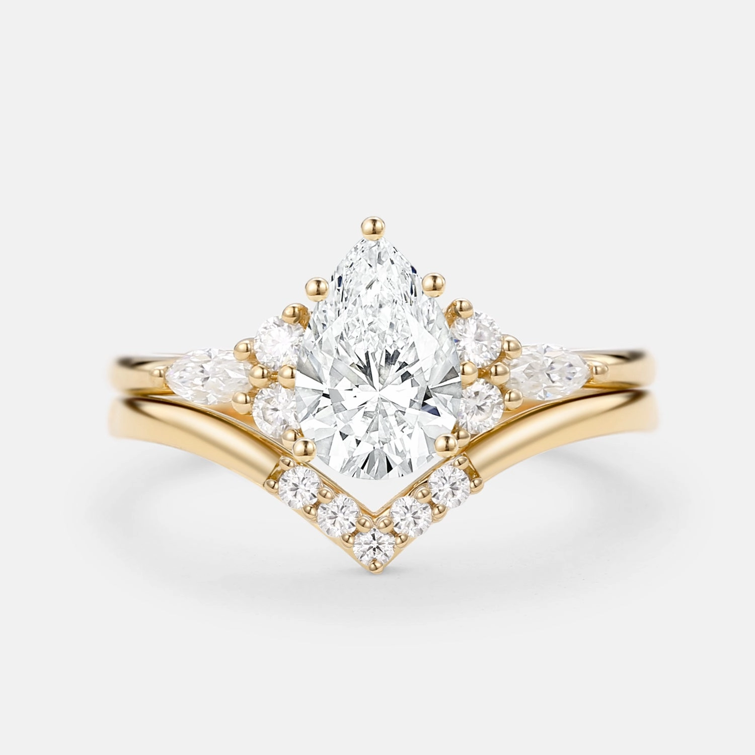 Lab Grown Diamond Pear Cut Curved Engagement Ring Set 2pcs - Sienna Subtle Feature Everyday Highlight