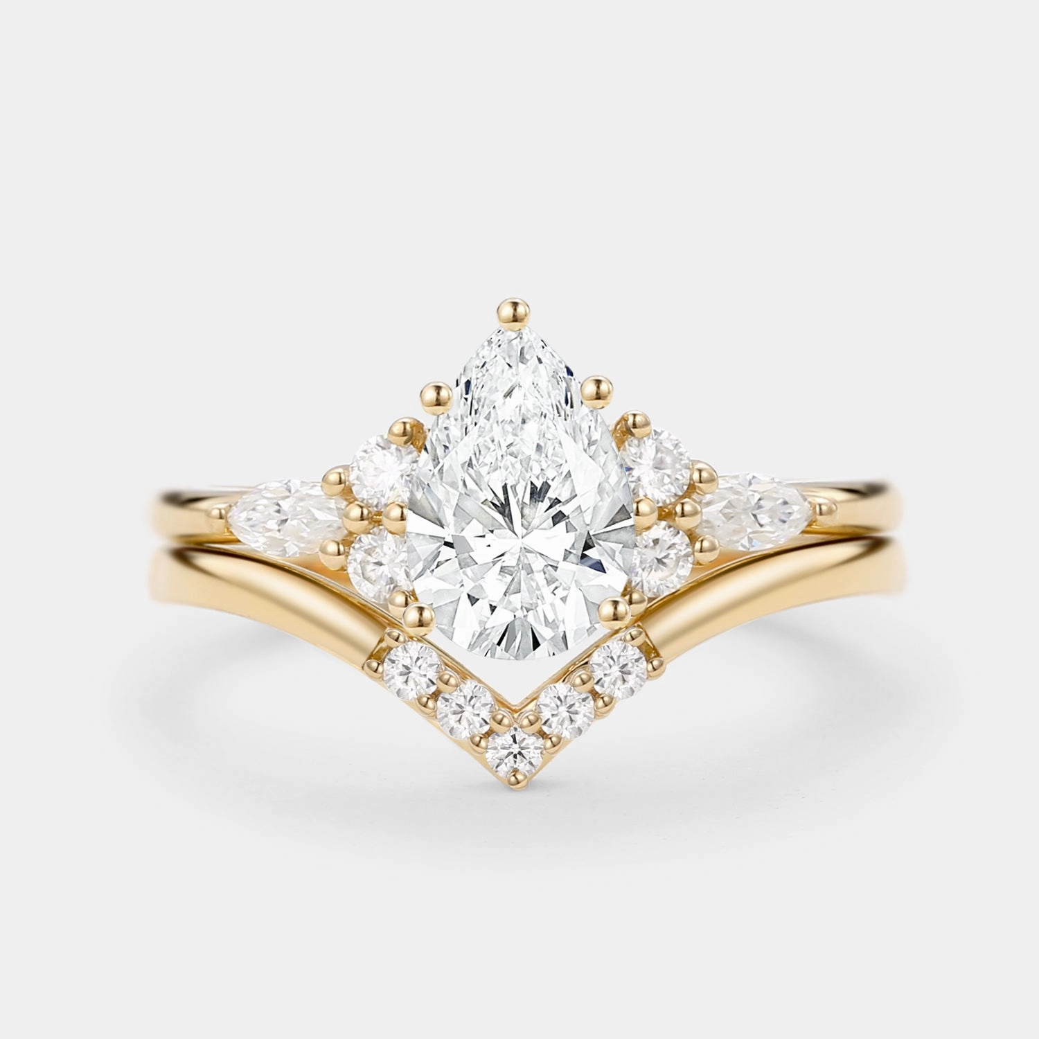 Graceful Style Refined Accent Lab Grown Diamond Pear Cut Curved Engagement Ring Set 2pcs - Sienna