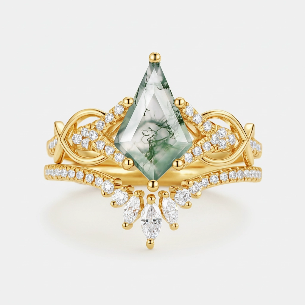 Kite Cut Moss Agate Antique Engagement Ring Set 2pcs Crisp Detail Distinctive Edge