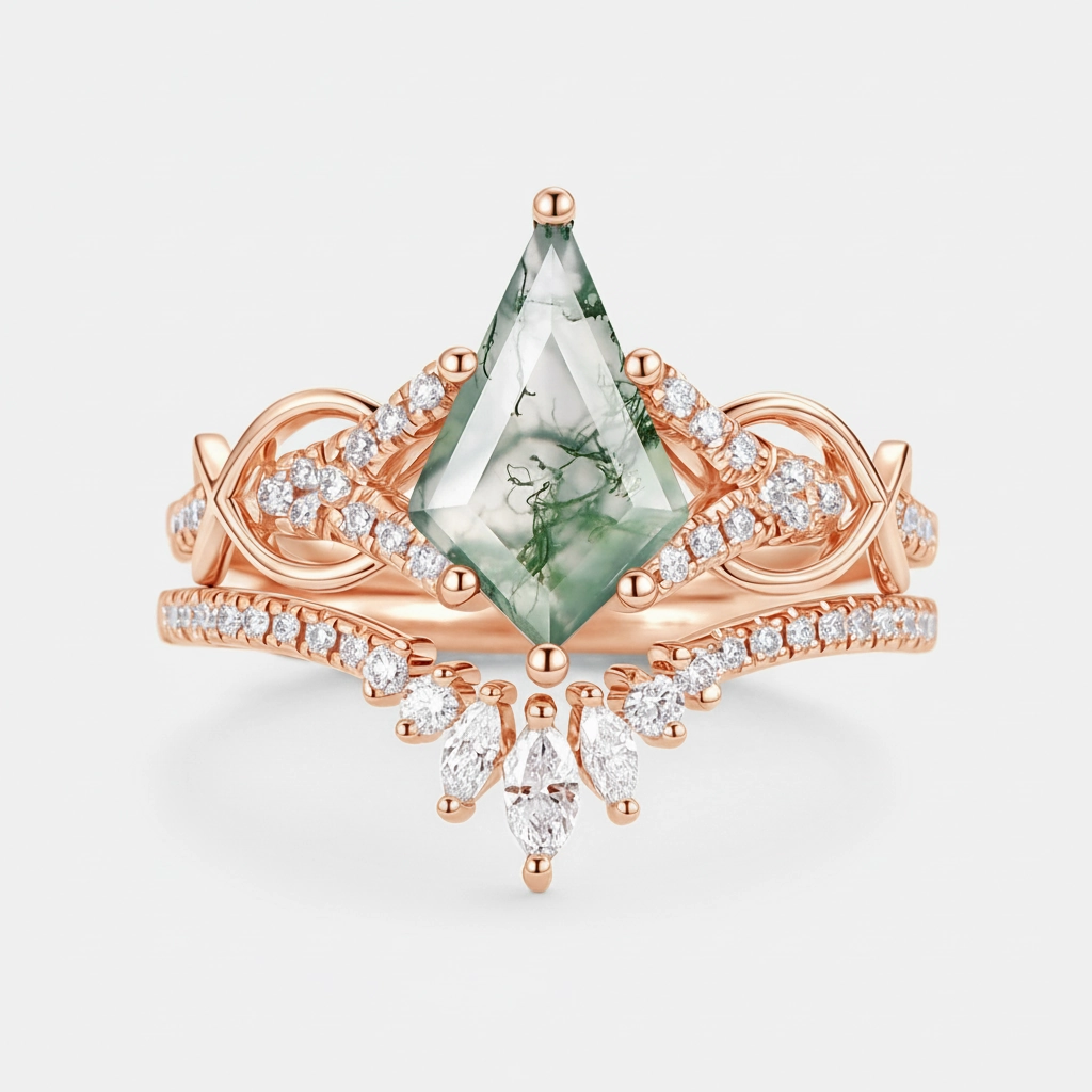Polished Accessory Eye Catching Kite Cut Moss Agate Antique Engagement Ring Set 2pcs