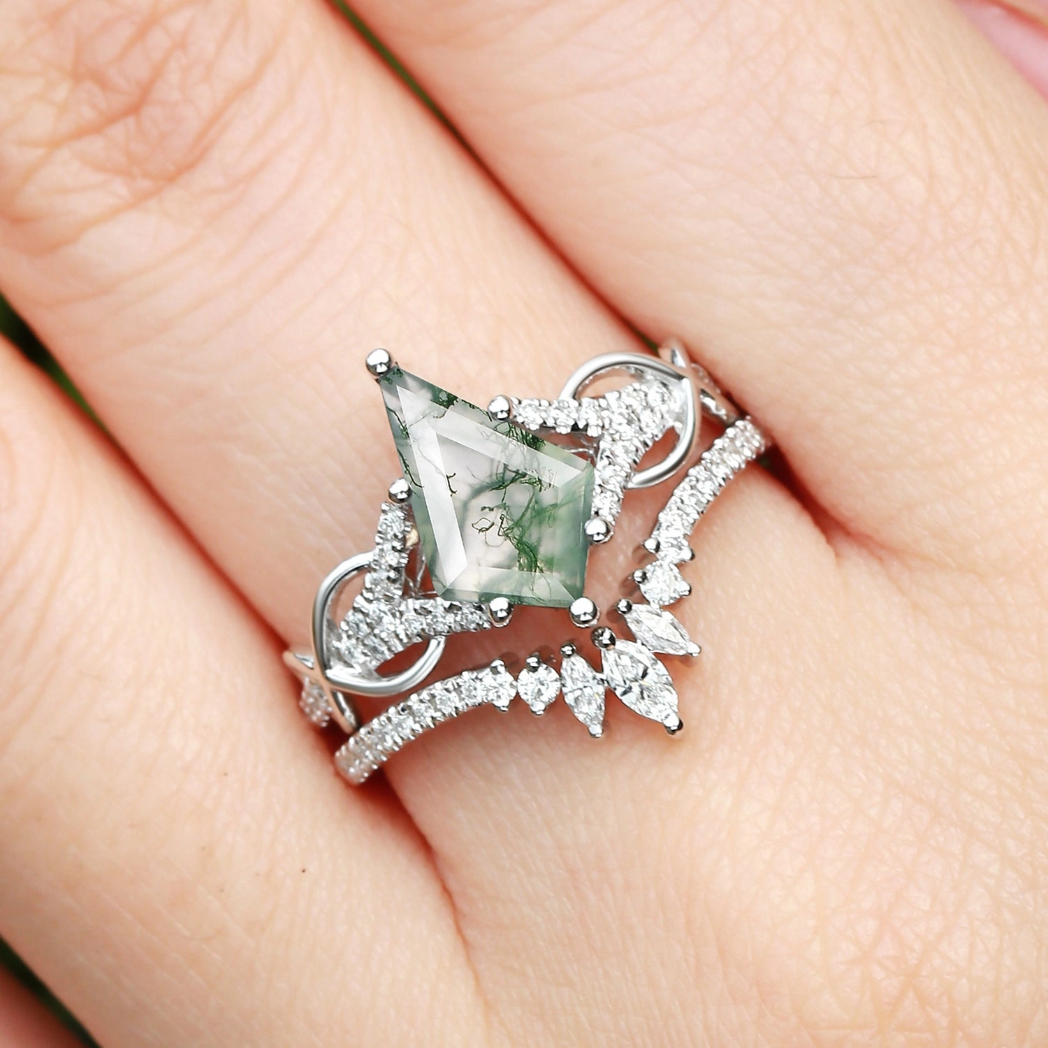 Chic Craft Kite Cut Moss Agate Antique Engagement Ring Set 2pcs