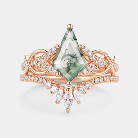 Kite Cut Moss Agate Antique Engagement Ring Set 2pcs Vibrant Charm