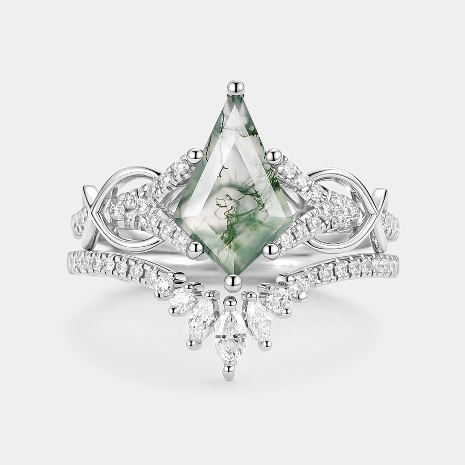 Glamorous Accent Kite Cut Moss Agate Antique Engagement Ring Set 2pcs