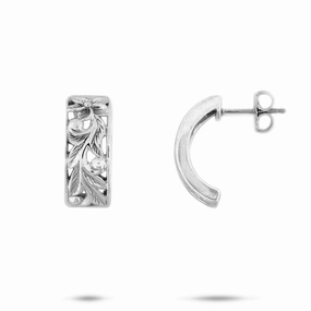 Hawaiian Heirloom Plumeria Scroll Hoop Earrings in Sterling Silver - 8mm Round Decoration Oval Ornament