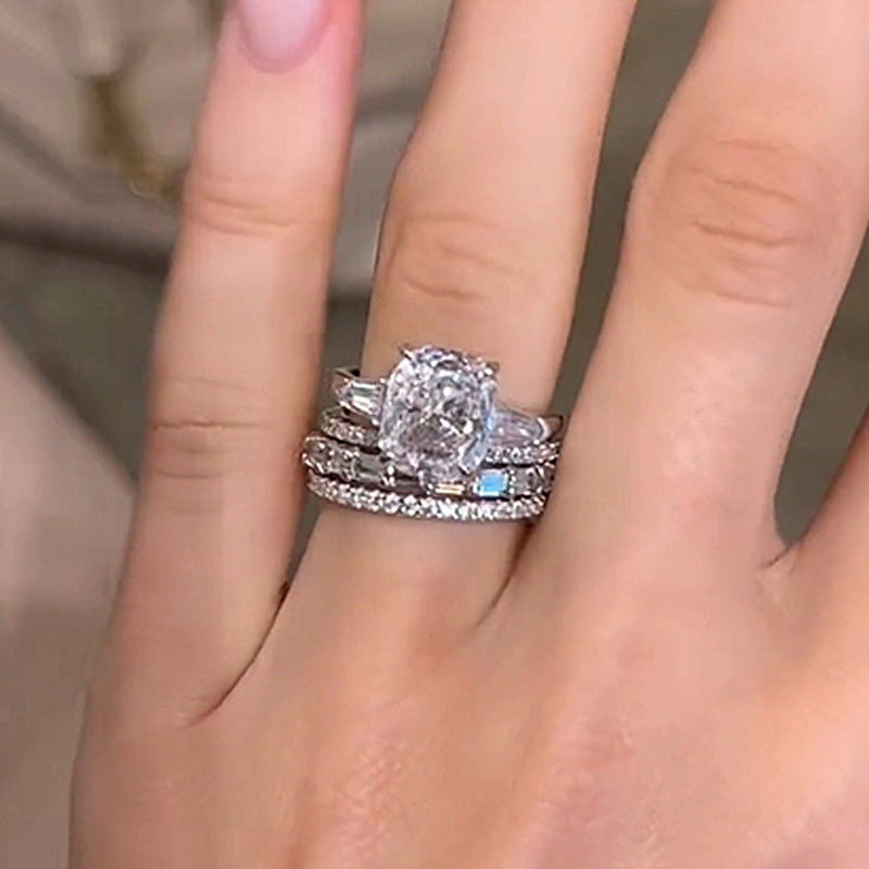 Louily Luxury Cushion Cut Three Stone 4PC Wedding Set understated look Understated Shine