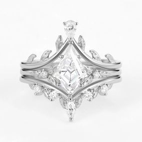 Kite Cut Moissanite Leafy Engagement Ring Set 3pcs Unique Craftwork Personalized Craft