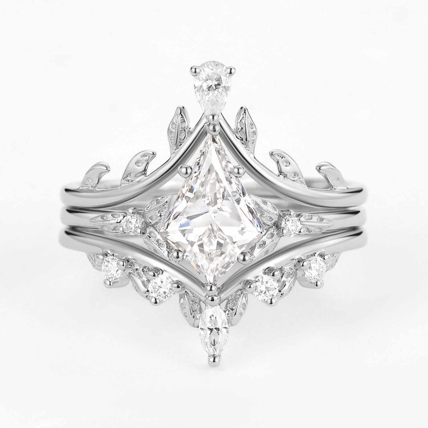 Sparkle Boost Lightweight Fit Kite Cut Moissanite Leafy Engagement Ring Set 3pcs