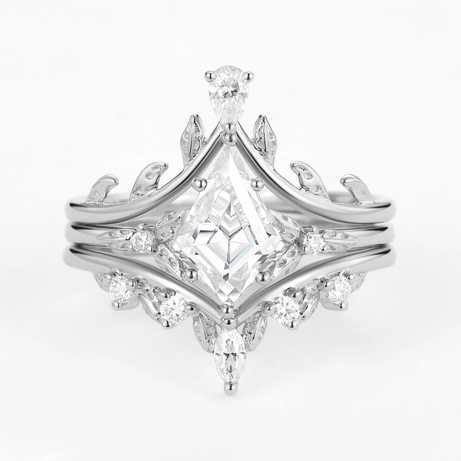 Kite Cut Moissanite Leafy Engagement Ring Set 3pcs Unique Craftwork Personalized Craft