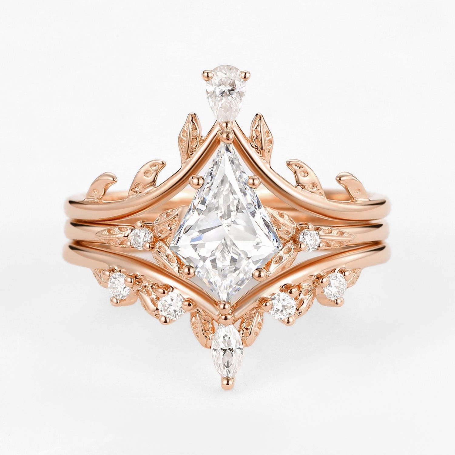 Kite Cut Moissanite Leafy Engagement Ring Set 3pcs Radiant Jewelry Look