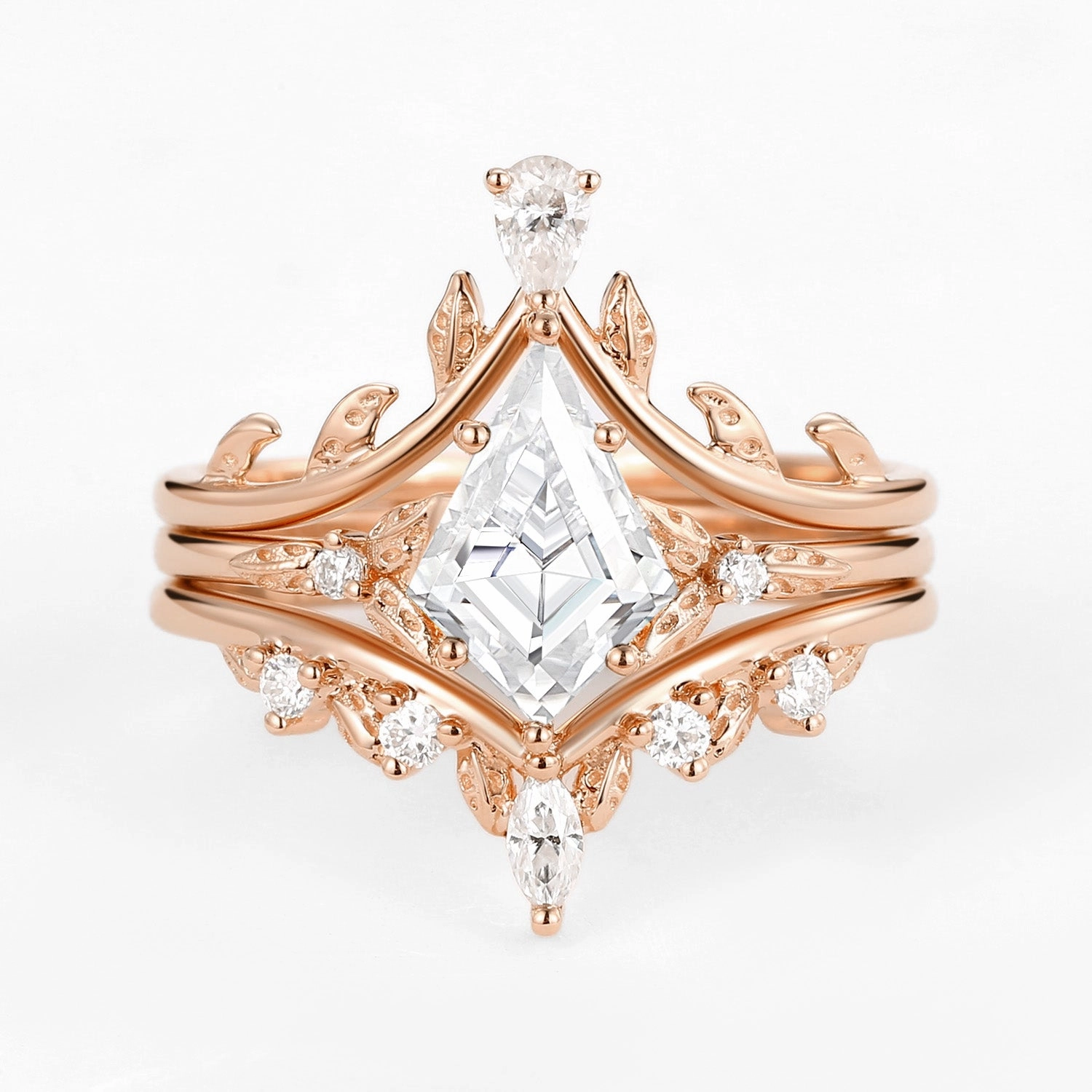 Kite Cut Moissanite Leafy Engagement Ring Set 3pcs Refined Element