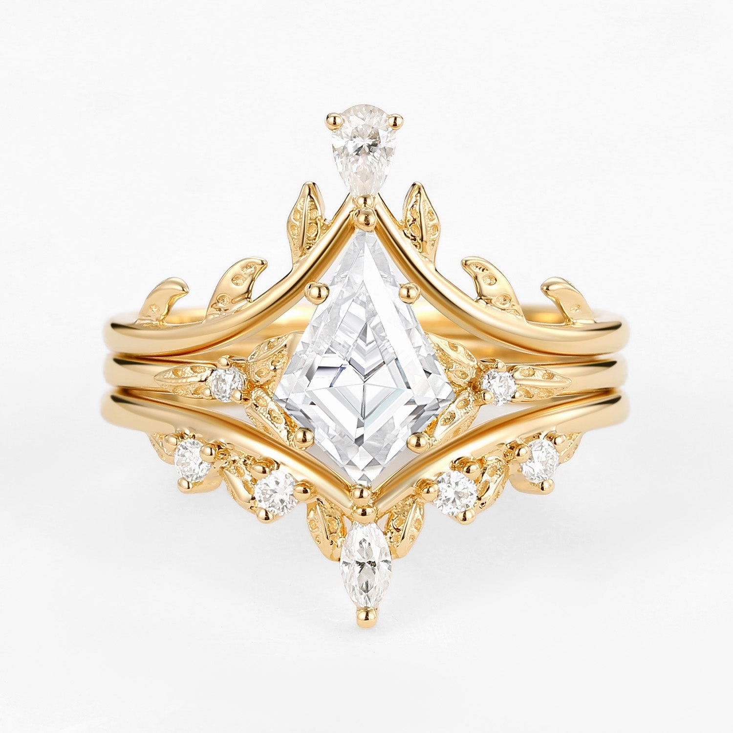 Stylish Twist Kite Cut Moissanite Leafy Engagement Ring Set 3pcs