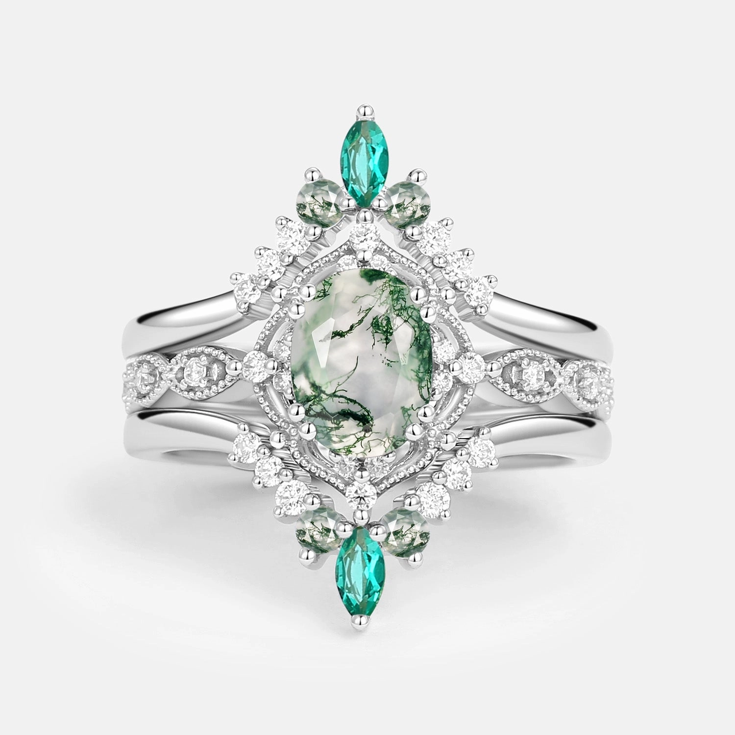 Effortless Edge Moss Agate & Lab Emerald Signature Vintage Ring Set 3pcs