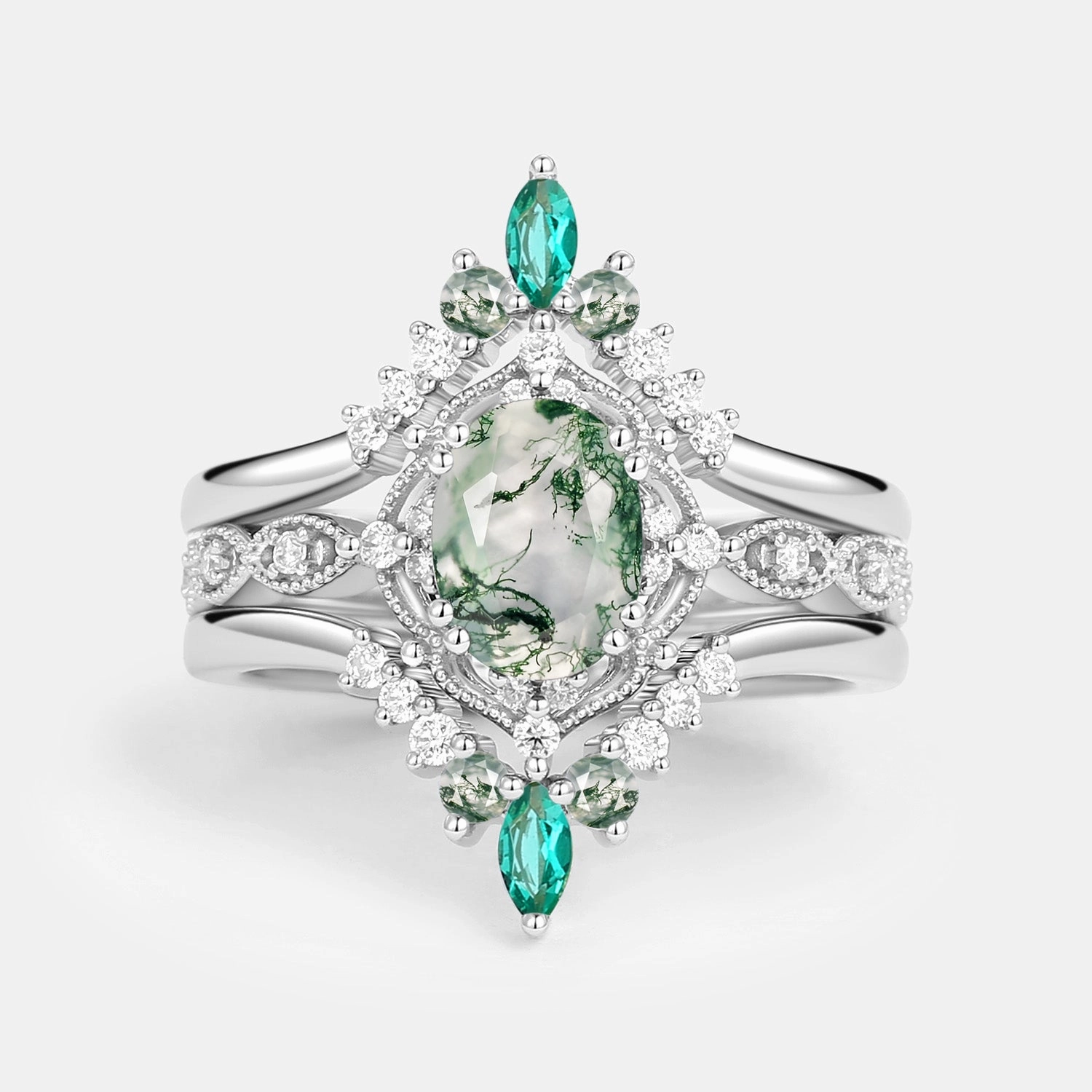 Smooth Shine Moss Agate & Lab Emerald Signature Vintage Ring Set 3pcs