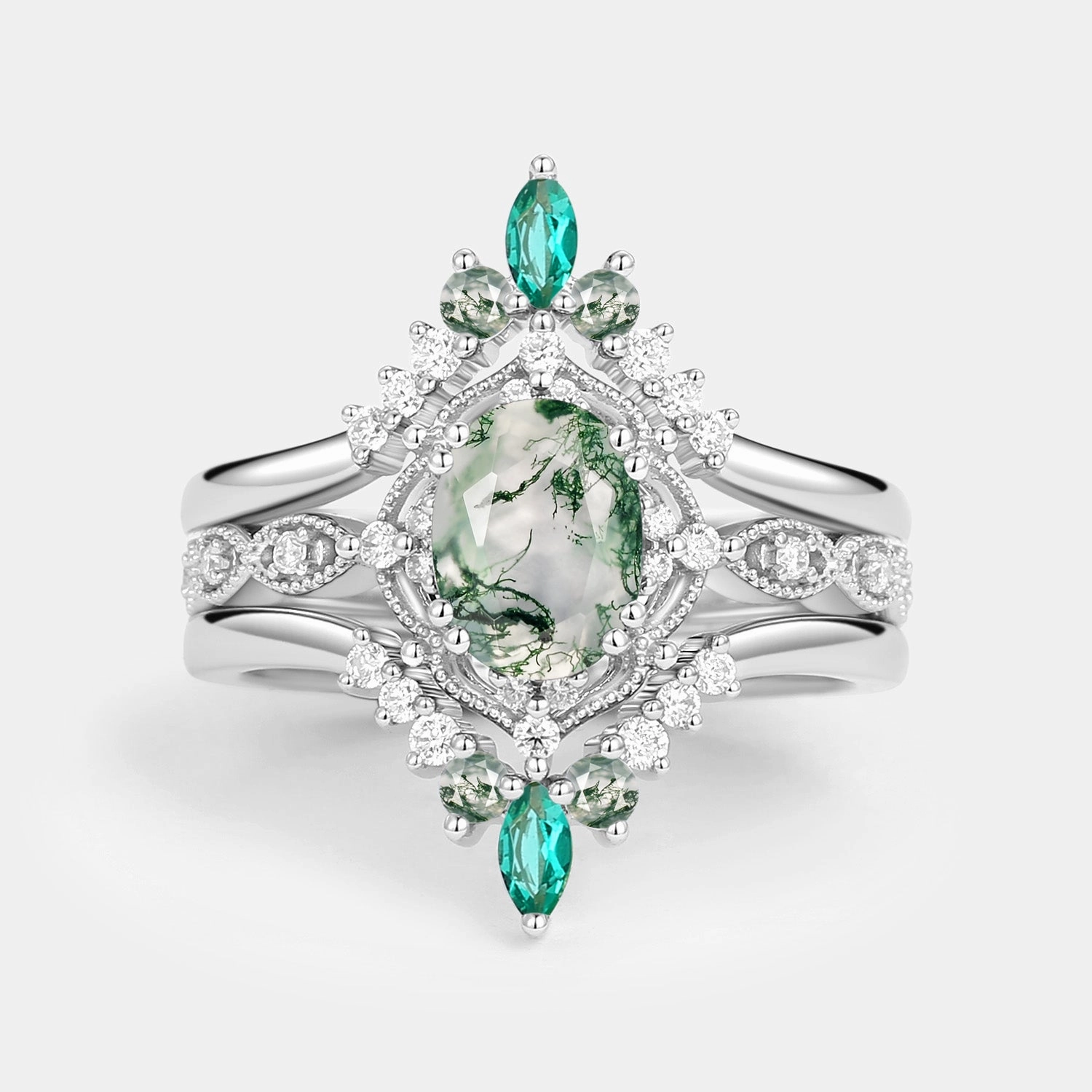 Moss Agate & Lab Emerald Signature Vintage Ring Set 3pcs Polished Sparkle Everyday Chic