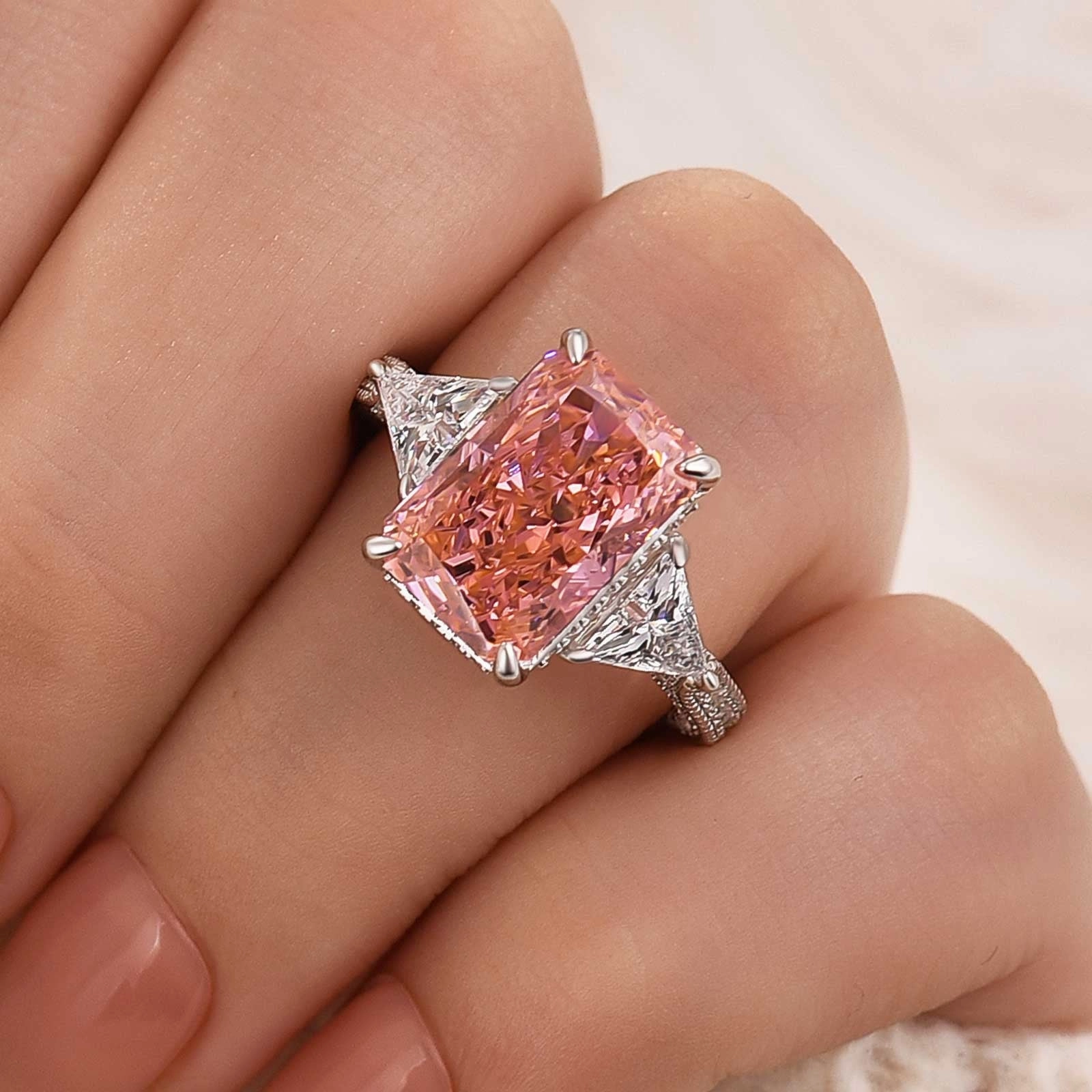 5.0 Carat Pink Radiant Cut Three Stone Engagement Ring With Hidden Halo Cozy Style