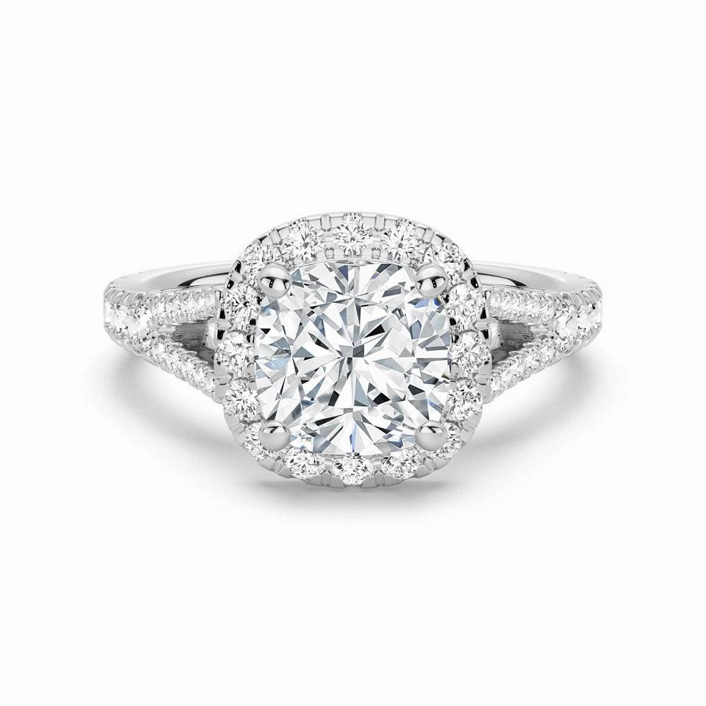 Bold Pieces Design Charming Sparkle Cushion Cut Split Shank Moissanite Halo Engagement Ring