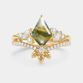 Distinctive Touch Moss Agate Kite Cut  Leafy Engagement Ring Set 2pcs - Florine