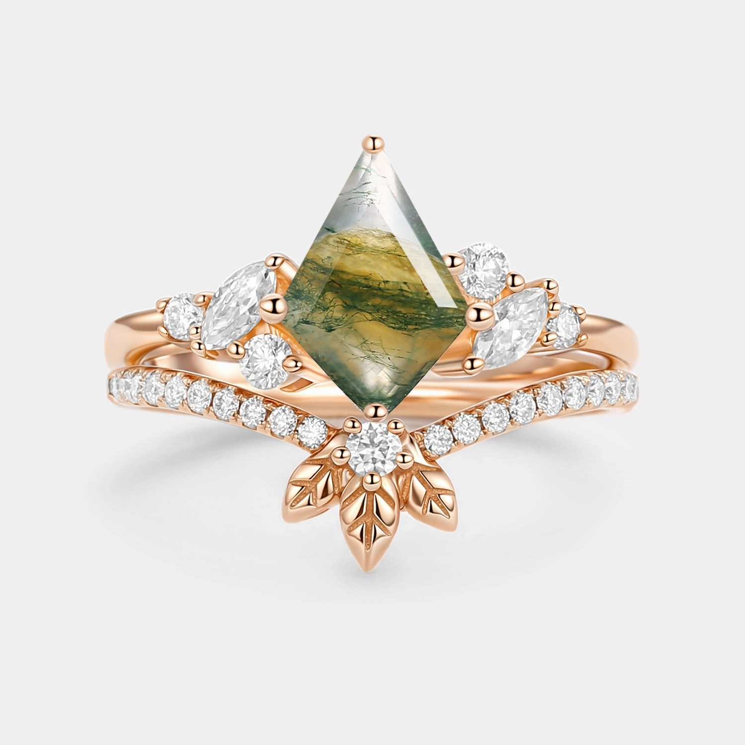 Artisan Flair Exclusive Sparkle Moss Agate Kite Cut  Leafy Engagement Ring Set 2pcs - Florine
