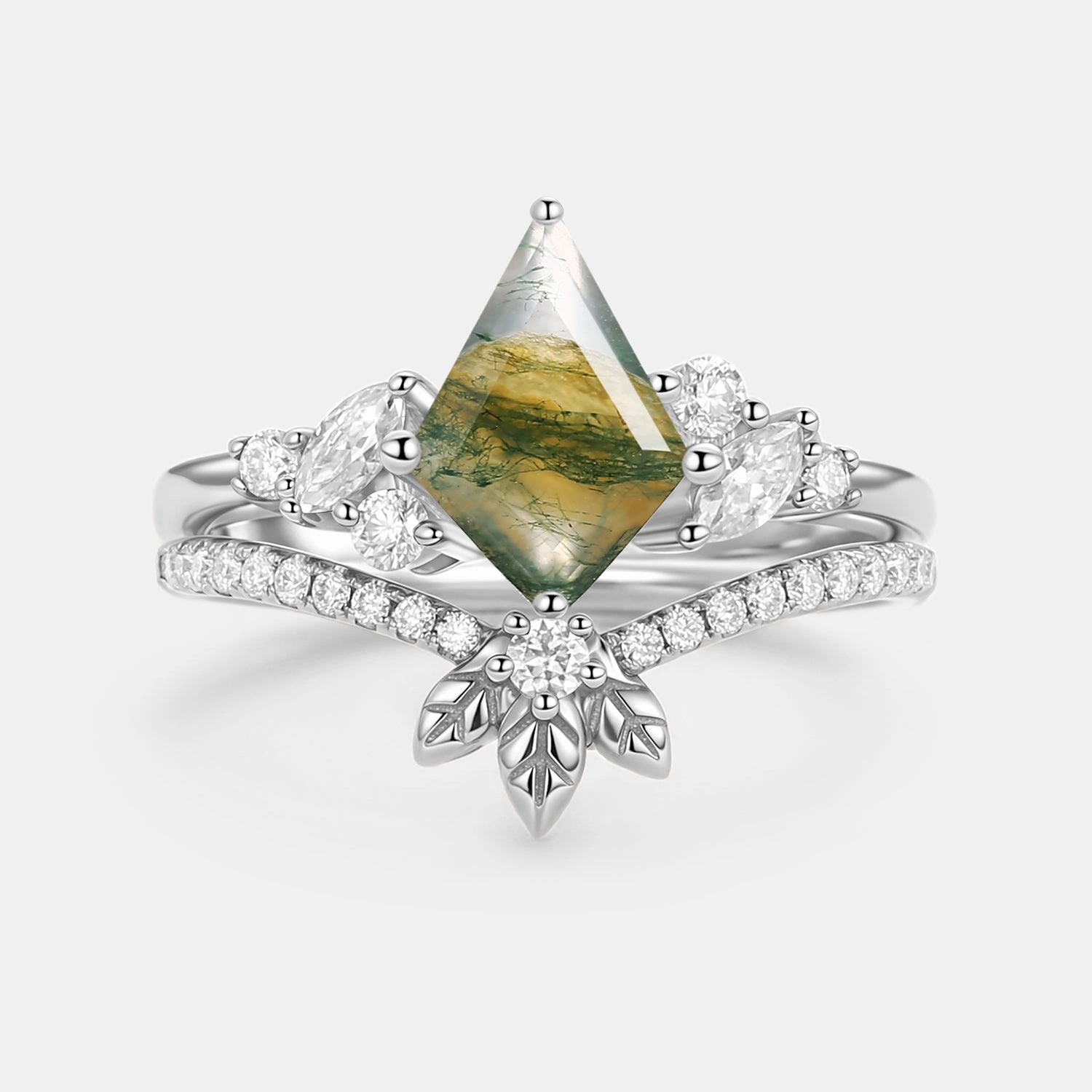 Signature Charm Moss Agate Kite Cut  Leafy Engagement Ring Set 2pcs - Florine