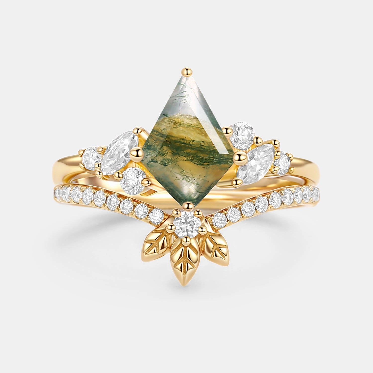 Distinctive Touch Moss Agate Kite Cut  Leafy Engagement Ring Set 2pcs - Florine