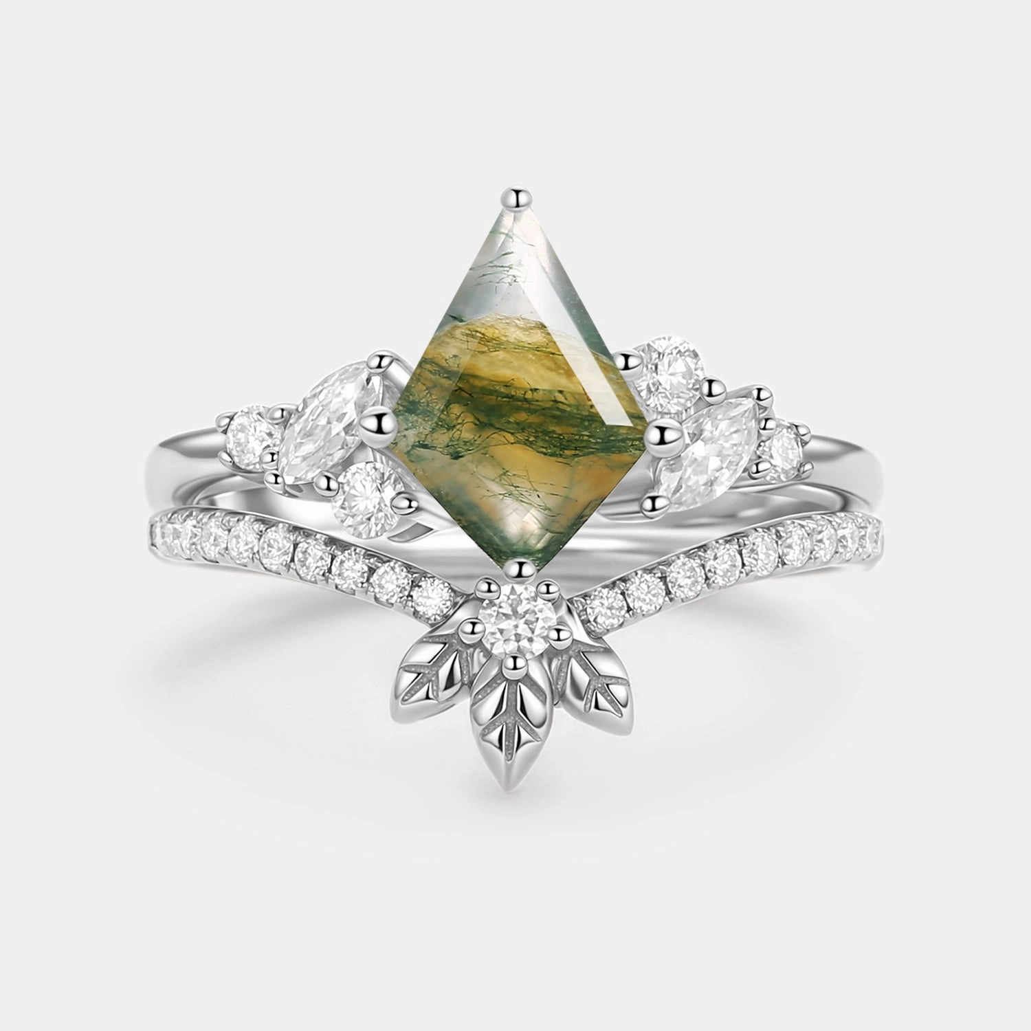 Chic Pick Moss Agate Kite Cut  Leafy Engagement Ring Set 2pcs - Florine