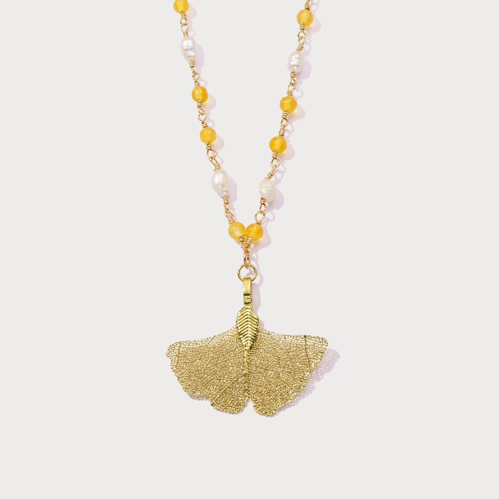 Gold Ginkgo Leaf Bead Necklace Luxe Finish Bold Glow