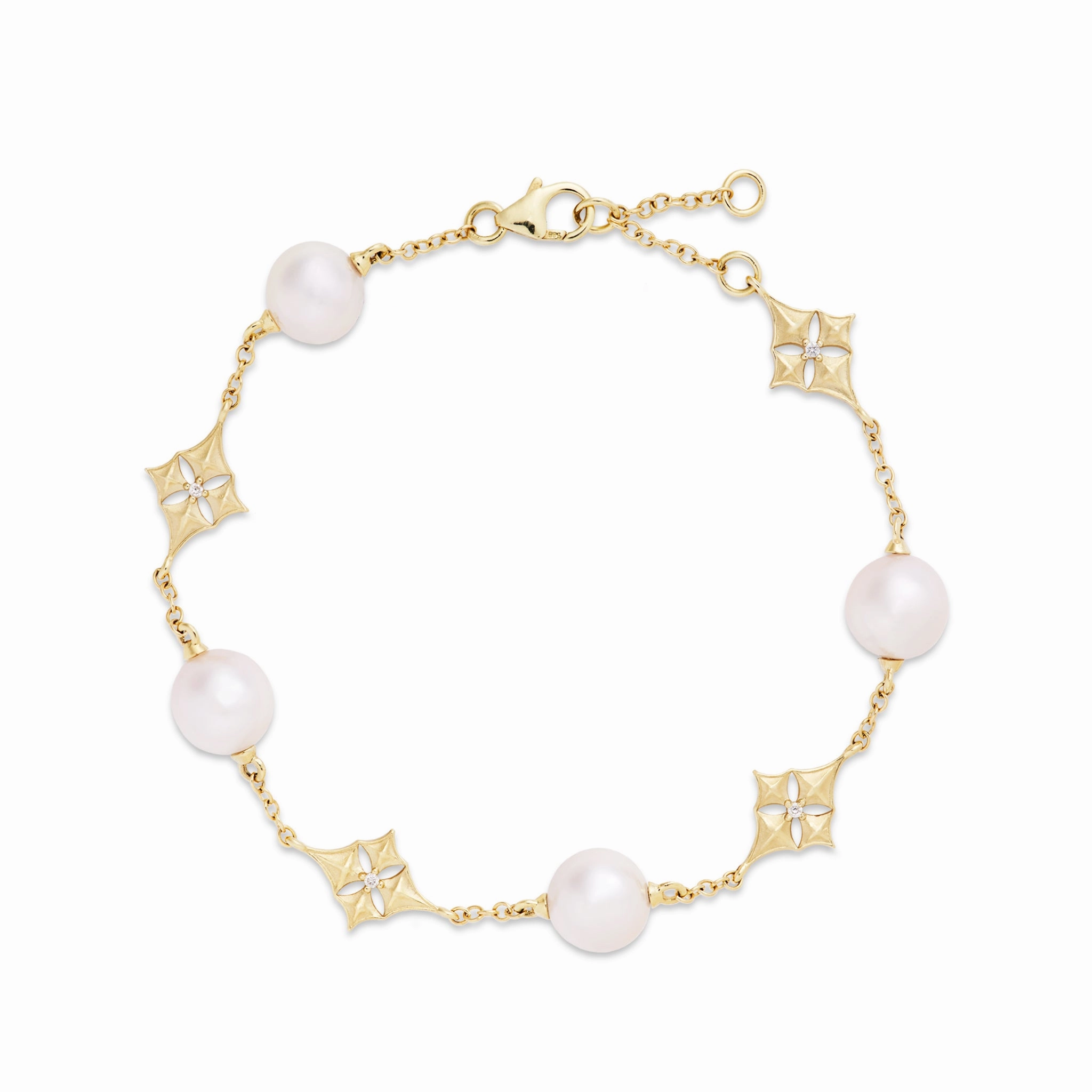 7-8" Hawaiian Quilted Star Akoya White Pearl Bracelet in Gold with Diamonds - 8mm Glam Night Look Charming Jewelry Design