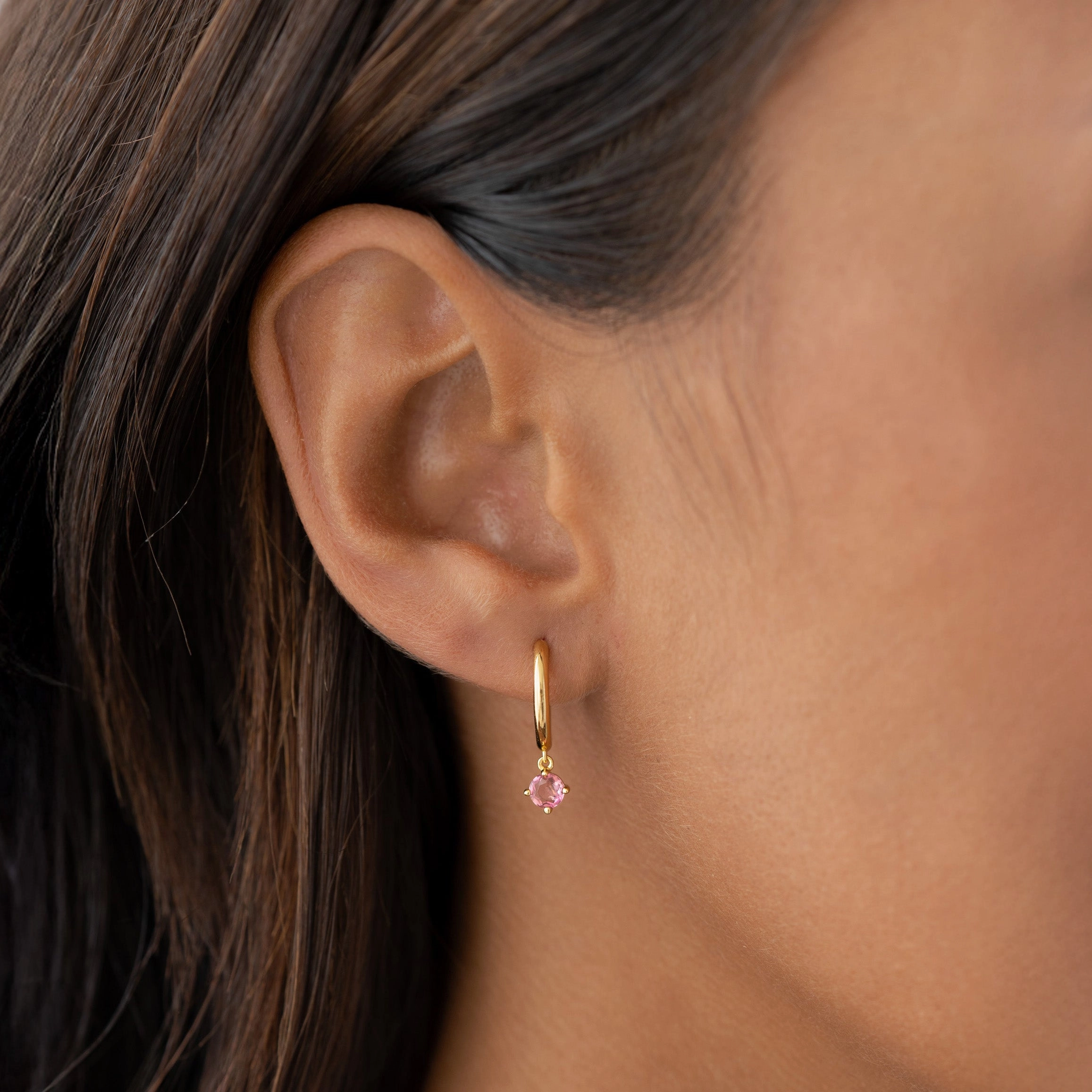 Season Match July Birthstone Drop Huggie Earrings - Pink Tourmaline