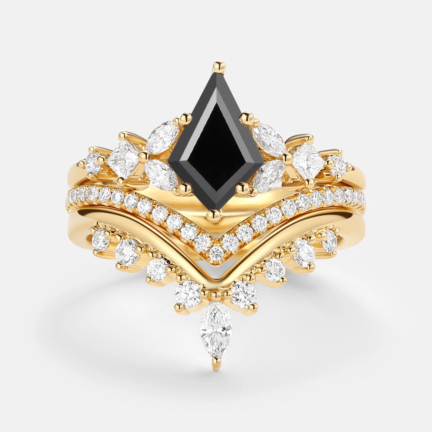 Kite Cut Black Moissanite Stacking Luxurious Engagement Bridal Set 3pcs - Amelia Modern Craft