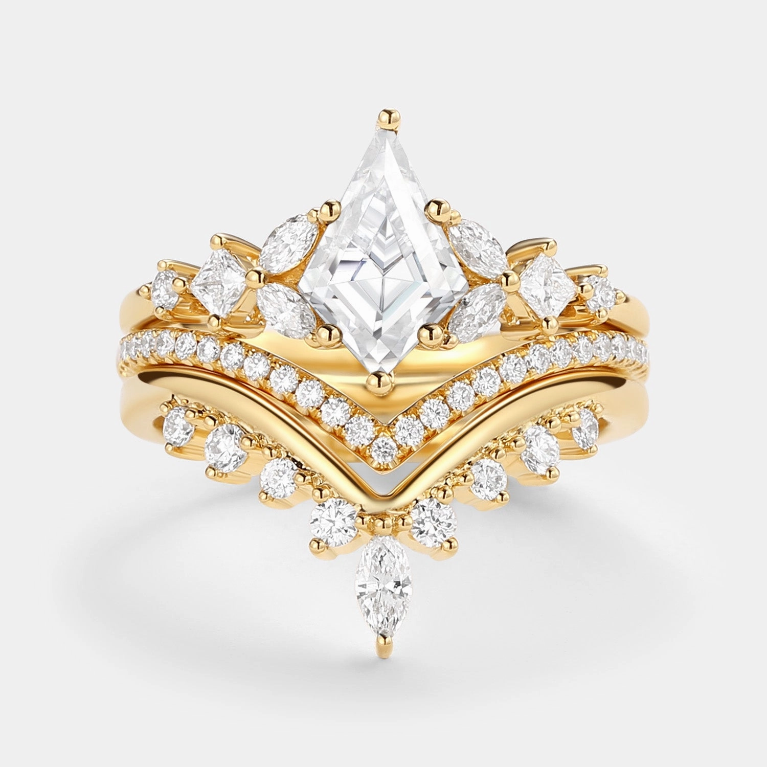 Graceful Accessory Kite Cut Black Moissanite Stacking Luxurious Engagement Bridal Set 3pcs - Amelia