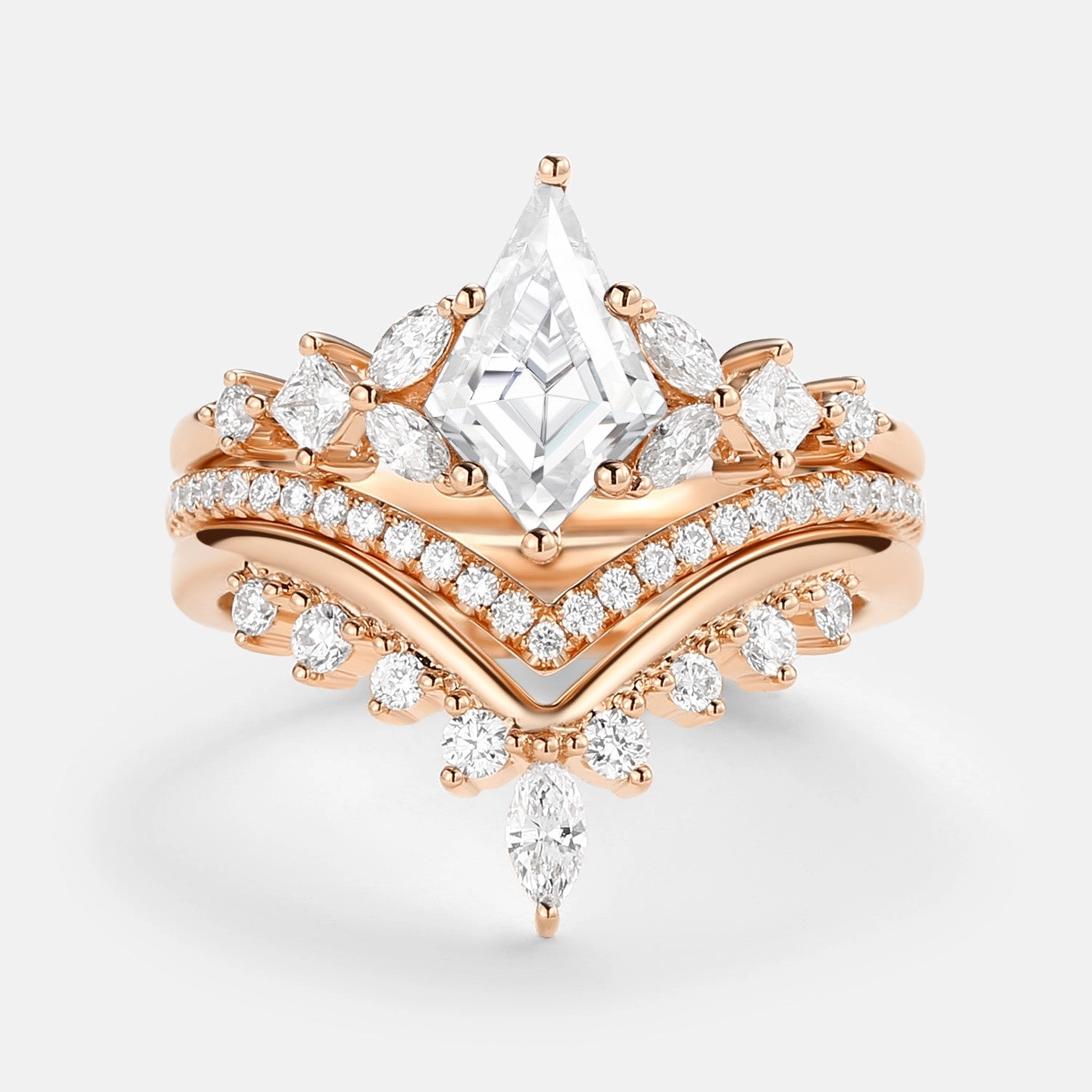 Fashion Pairing Glam fit Kite Cut Black Moissanite Stacking Luxurious Engagement Bridal Set 3pcs - Amelia