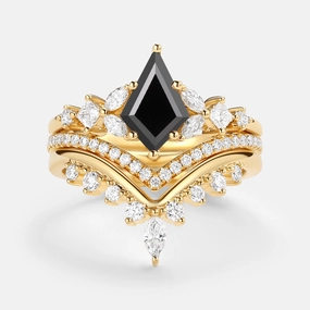 Kite Cut Black Moissanite Stacking Luxurious Engagement Bridal Set 3pcs - Amelia Modern Craft