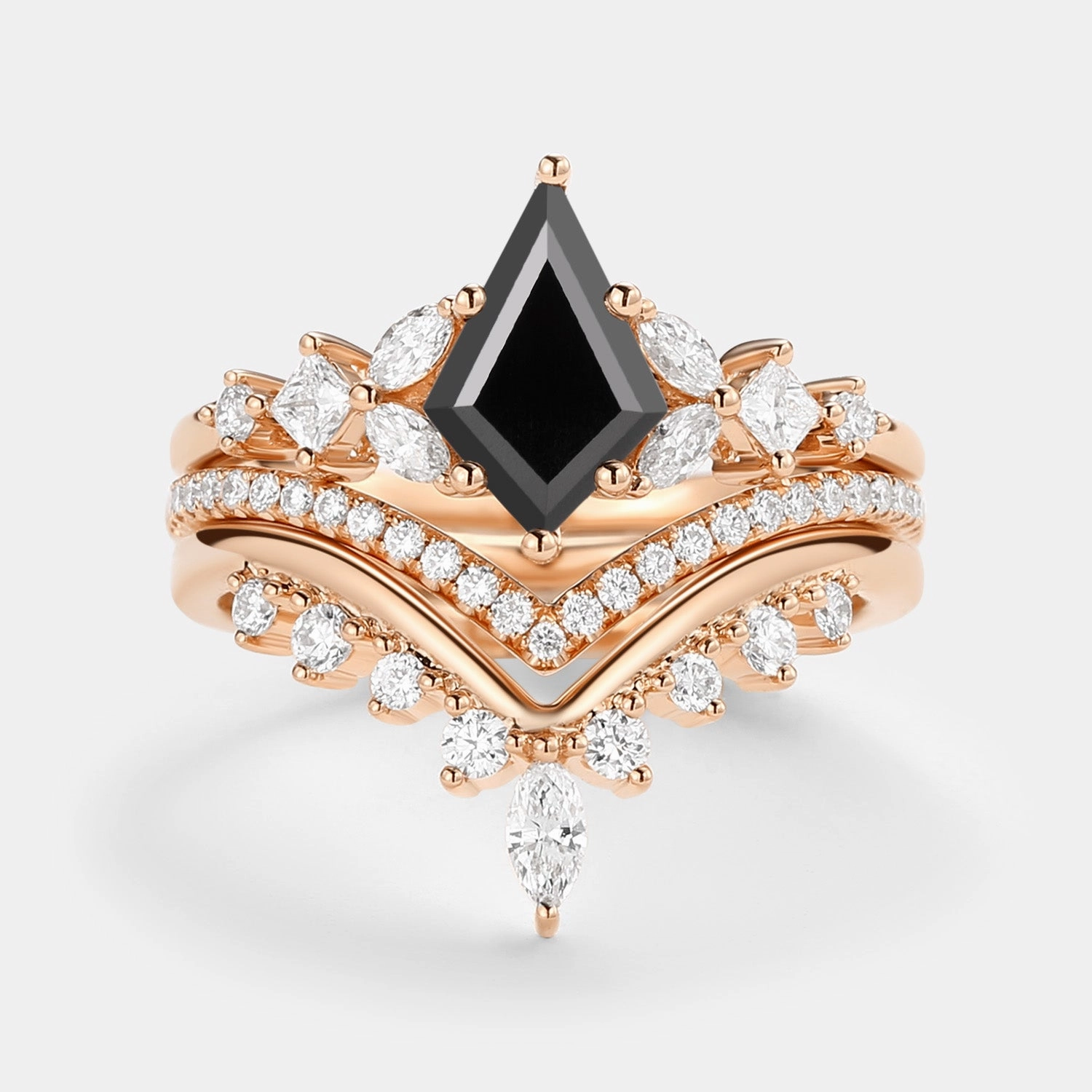 Artisan Made Kite Cut Black Moissanite Stacking Luxurious Engagement Bridal Set 3pcs - Amelia