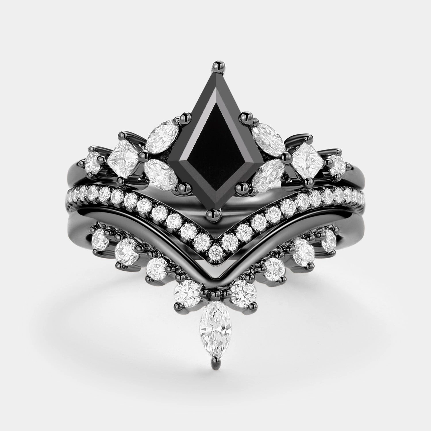 Sleek Charm Kite Cut Black Moissanite Stacking Luxurious Engagement Bridal Set 3pcs - Amelia