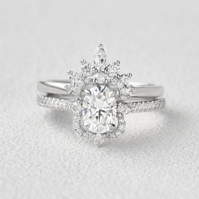 Inspired Accent Luxurious Piece 1.5ct Oval Moissanite Art-Deco Cluster Ring Set 2pcs