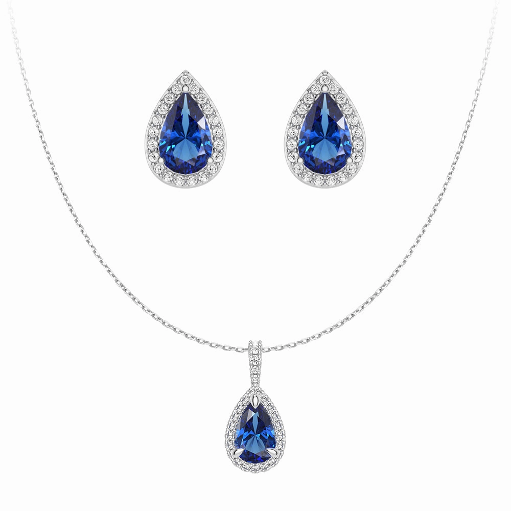 Pear Shaped Sapphire Pendant And Stud Earrings Set Delicate Charm