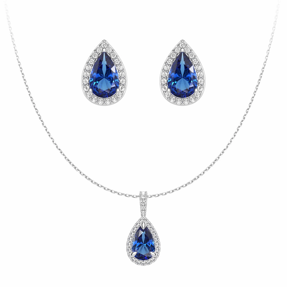 Glamorous Gem Pear Shaped Sapphire Pendant And Stud Earrings Set