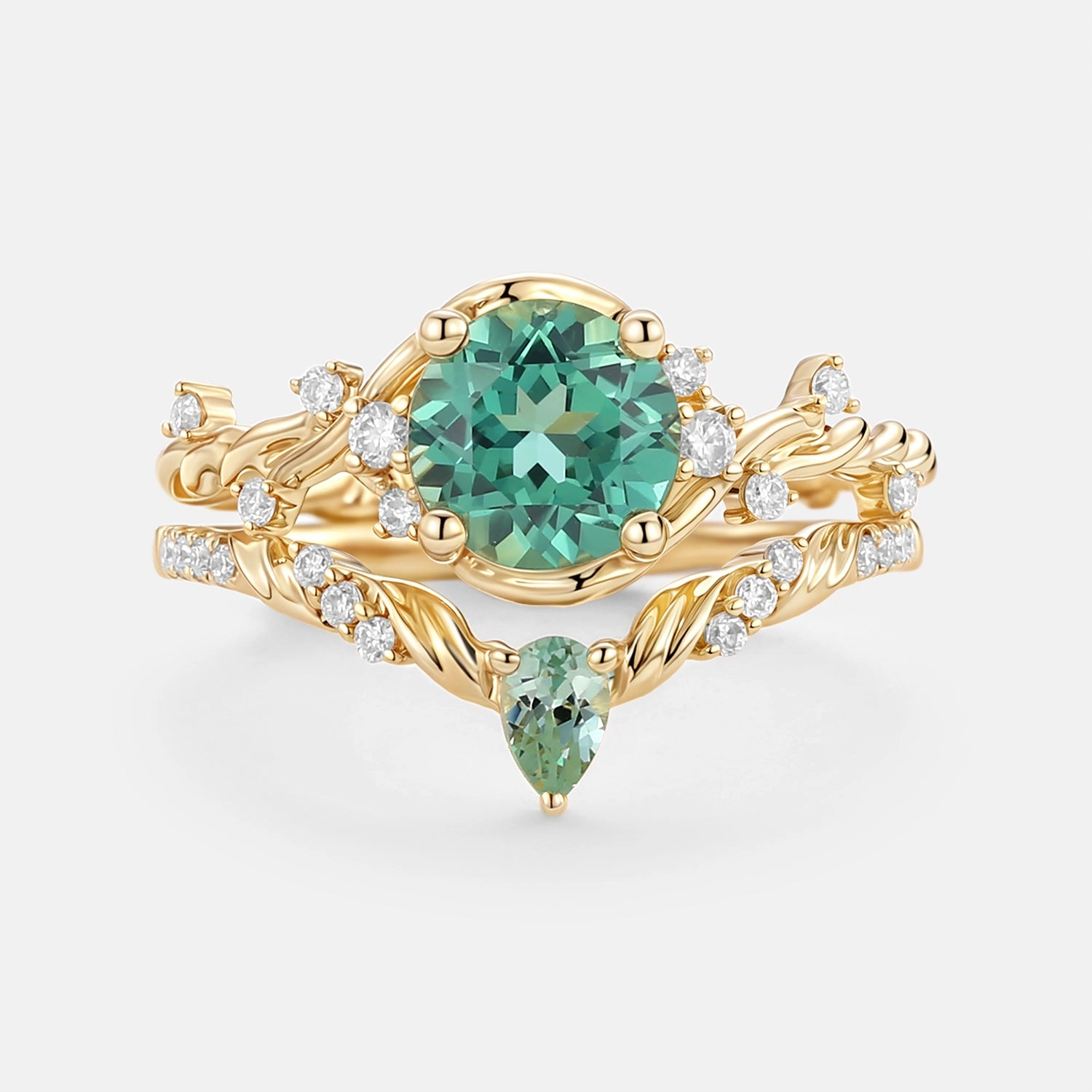 Distinctive Shine Fashion Glow Lab Green Sapphire Round Cut Leafy Engagement Ring Set 2pcs - Verdi