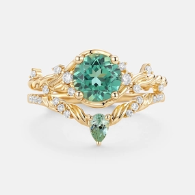 Distinctive Shine Fashion Glow Lab Green Sapphire Round Cut Leafy Engagement Ring Set 2pcs - Verdi