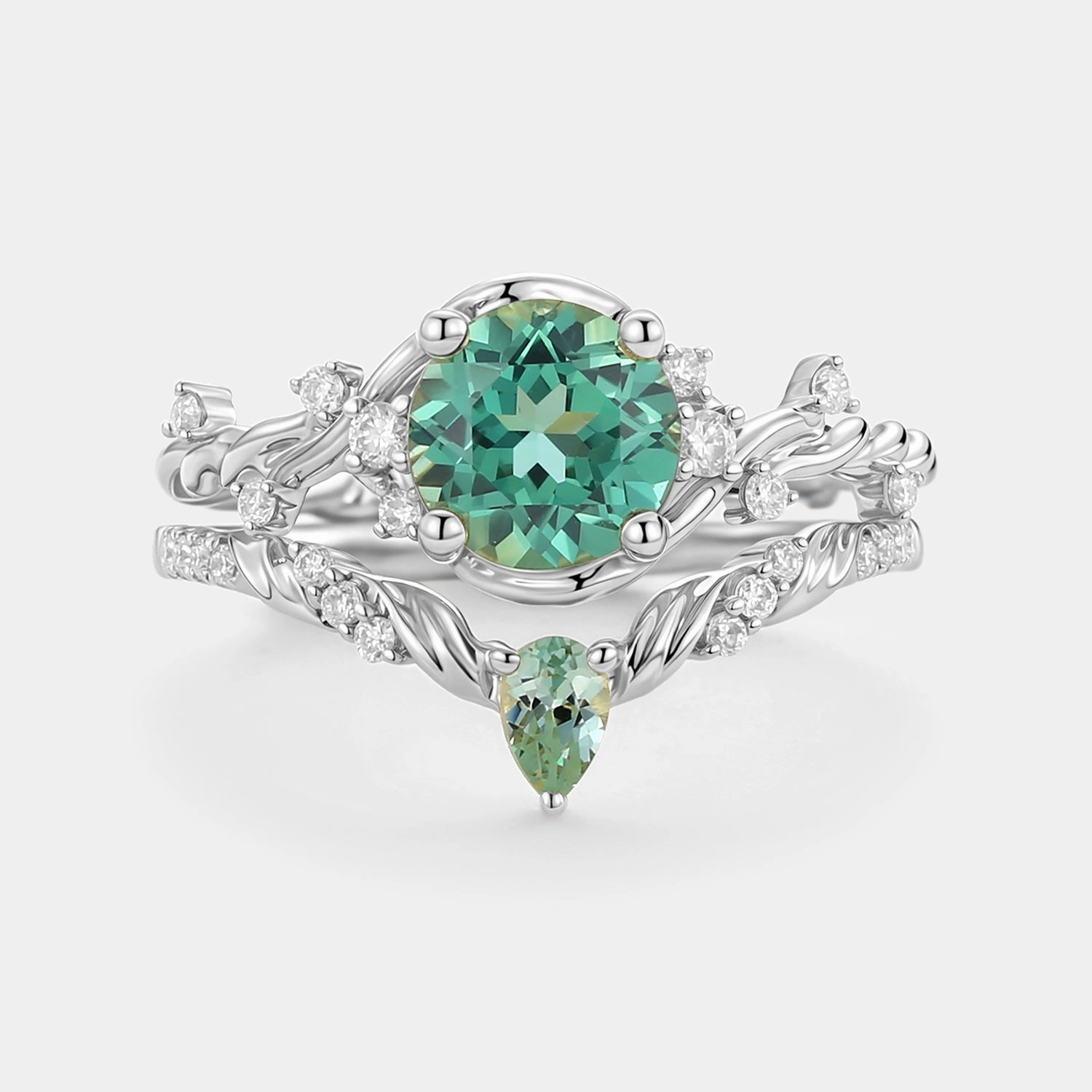 Minimal Feature Lab Green Sapphire Round Cut Leafy Engagement Ring Set 2pcs - Verdi