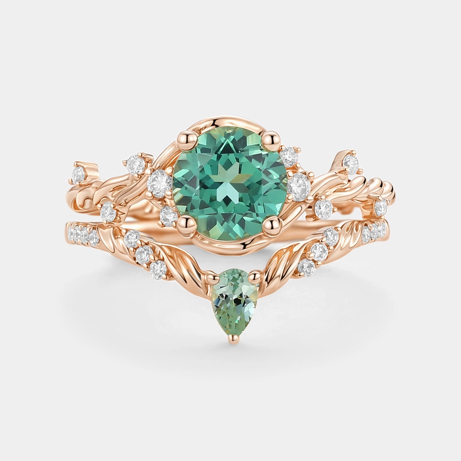 Layered Detail Lab Green Sapphire Round Cut Leafy Engagement Ring Set 2pcs - Verdi