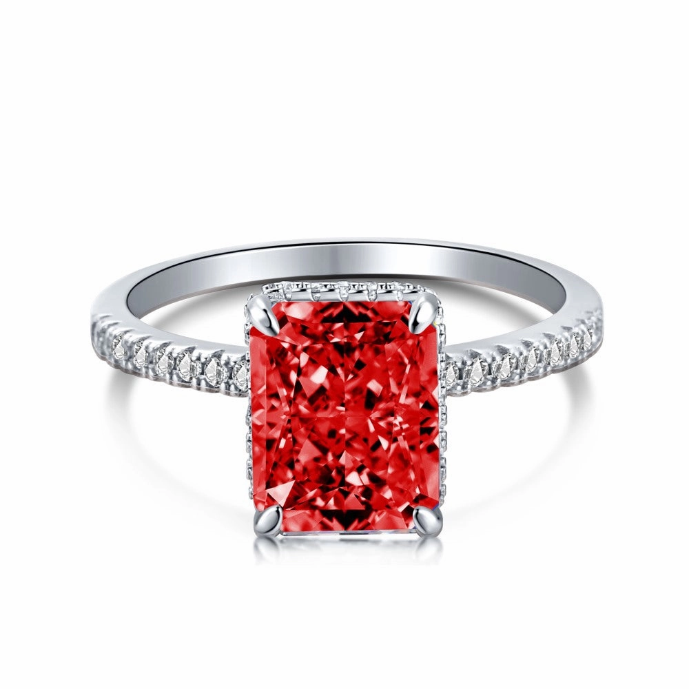 Fire Red Solitaire Radiant Cut Half Eternity Diamond Ring Sterling Silver Dramatic Detail