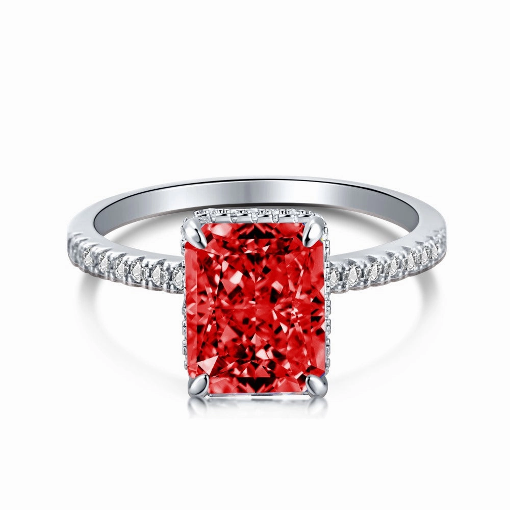Designer Style Balanced Structure Fire Red Solitaire Radiant Cut Half Eternity Diamond Ring Sterling Silver