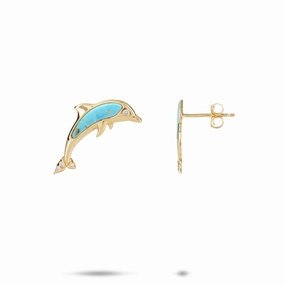 Curved Trinket Shiny Finish Sealife Dolphin Turquoise Earrings in Gold with Diamonds