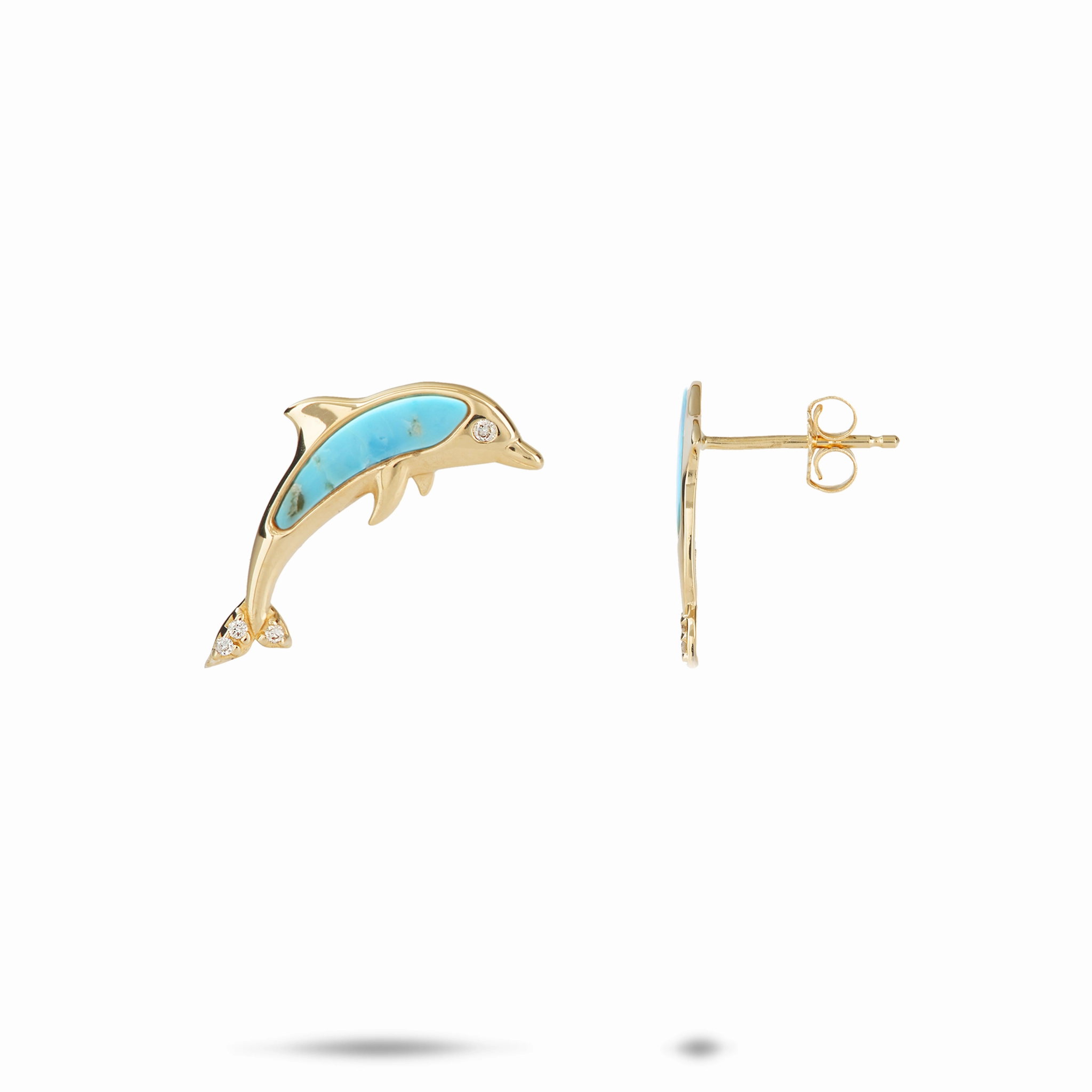 Curved Trinket Shiny Finish Sealife Dolphin Turquoise Earrings in Gold with Diamonds