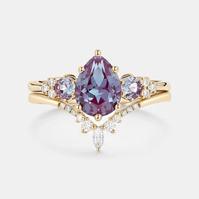 Radiant Edge Pear Shaped Alexandrite Cluster Ring Set 2pcs - Fern