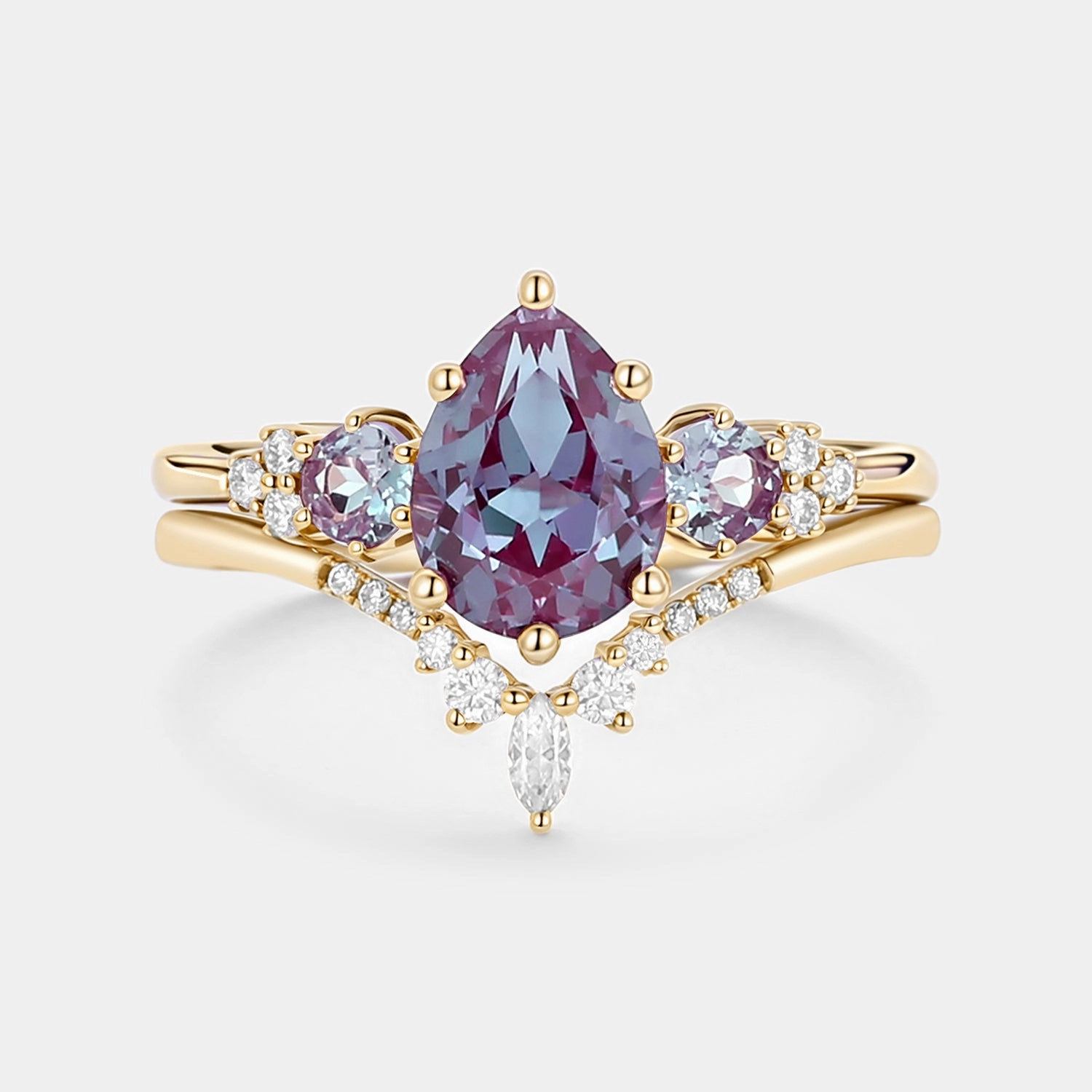 Radiant Edge Pear Shaped Alexandrite Cluster Ring Set 2pcs - Fern
