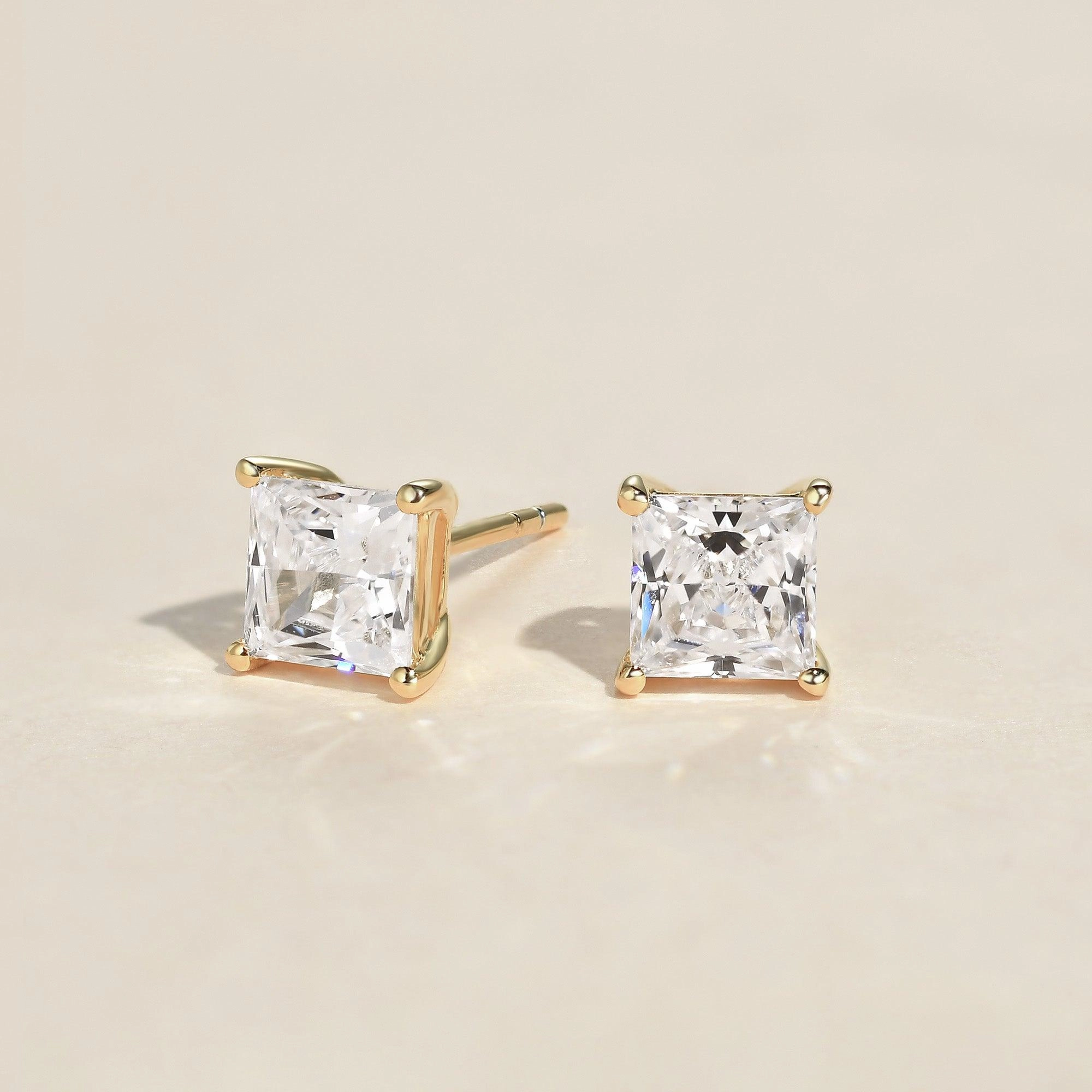 Princess Cut Classic Solitaire Gold Studs Set 2pcs refined design