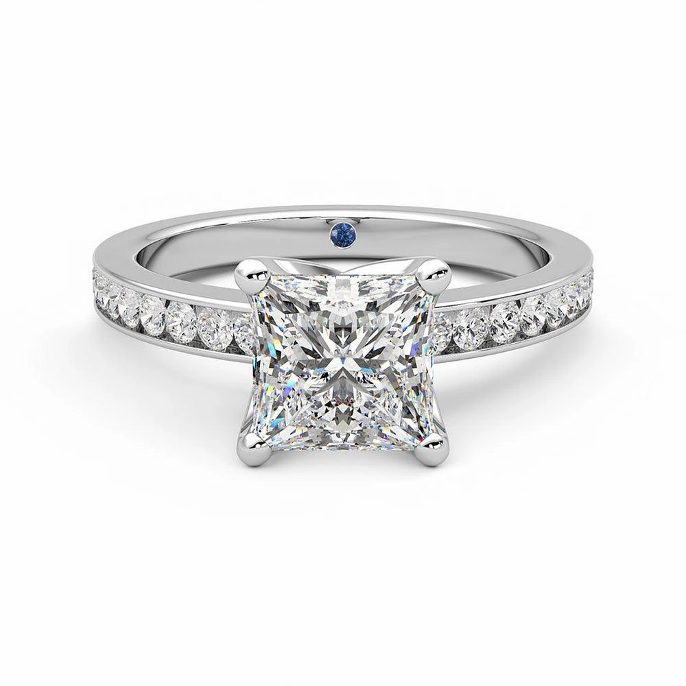 Glamour Finish Bold Detailing Princess Cut Moissanite Engagement Ring with Hidden Anniversary Stone and Channel Set Side Stones