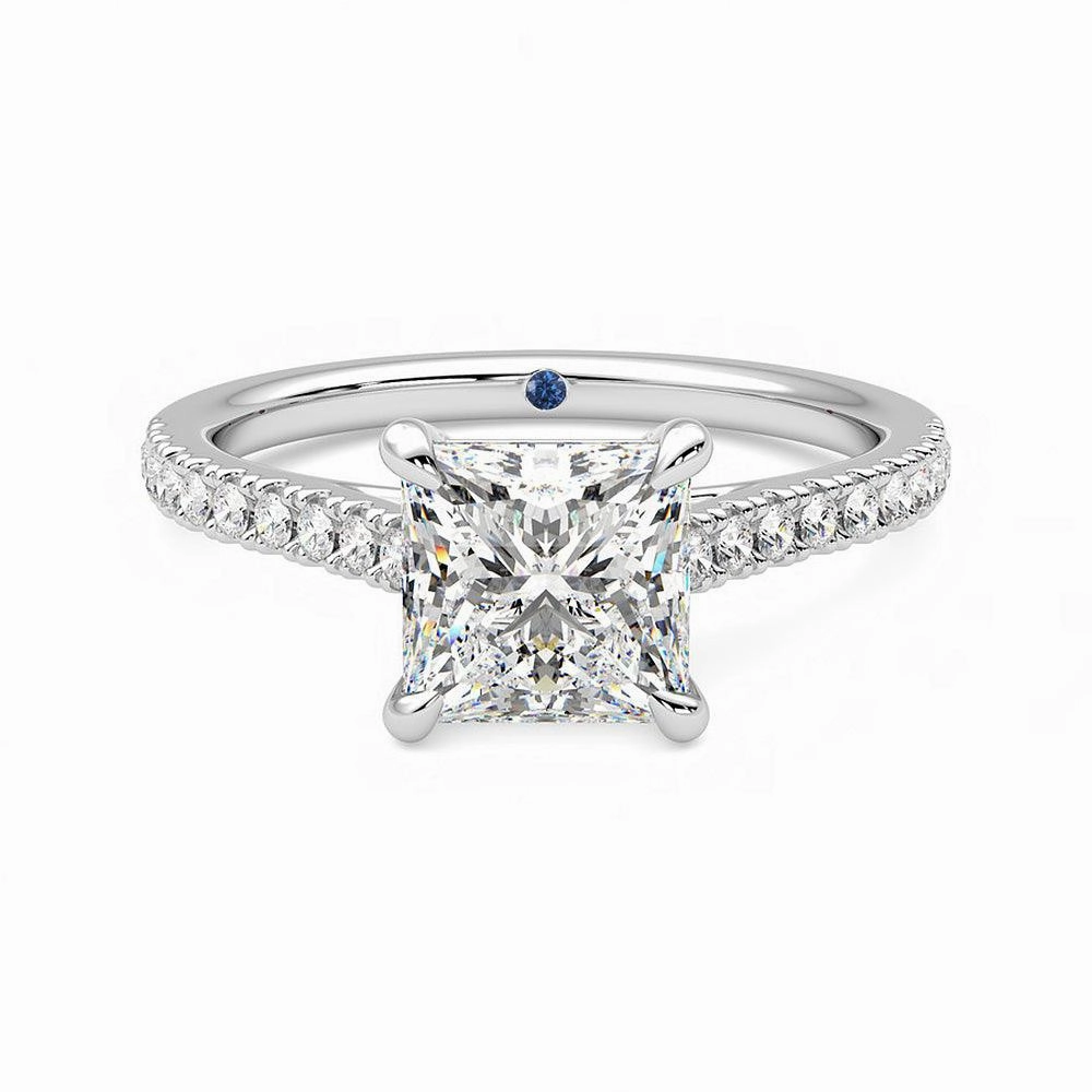 Simple Accent Princess Cut Moissanite Engagement Ring with Hidden Anniversary Stone and Pav?? Accents
